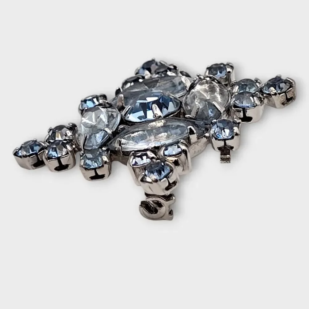 Ice Blue Starburst Rhinestone Brooch Silver Tone Mixed Cut Mid Century Cool Glam